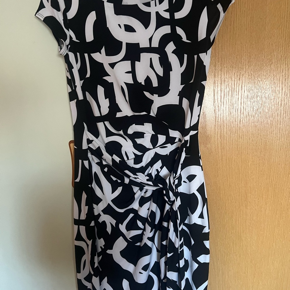 Cache Dress Women Medium Black White Geometric Faux Wrap Drape Buckle Drop Waist